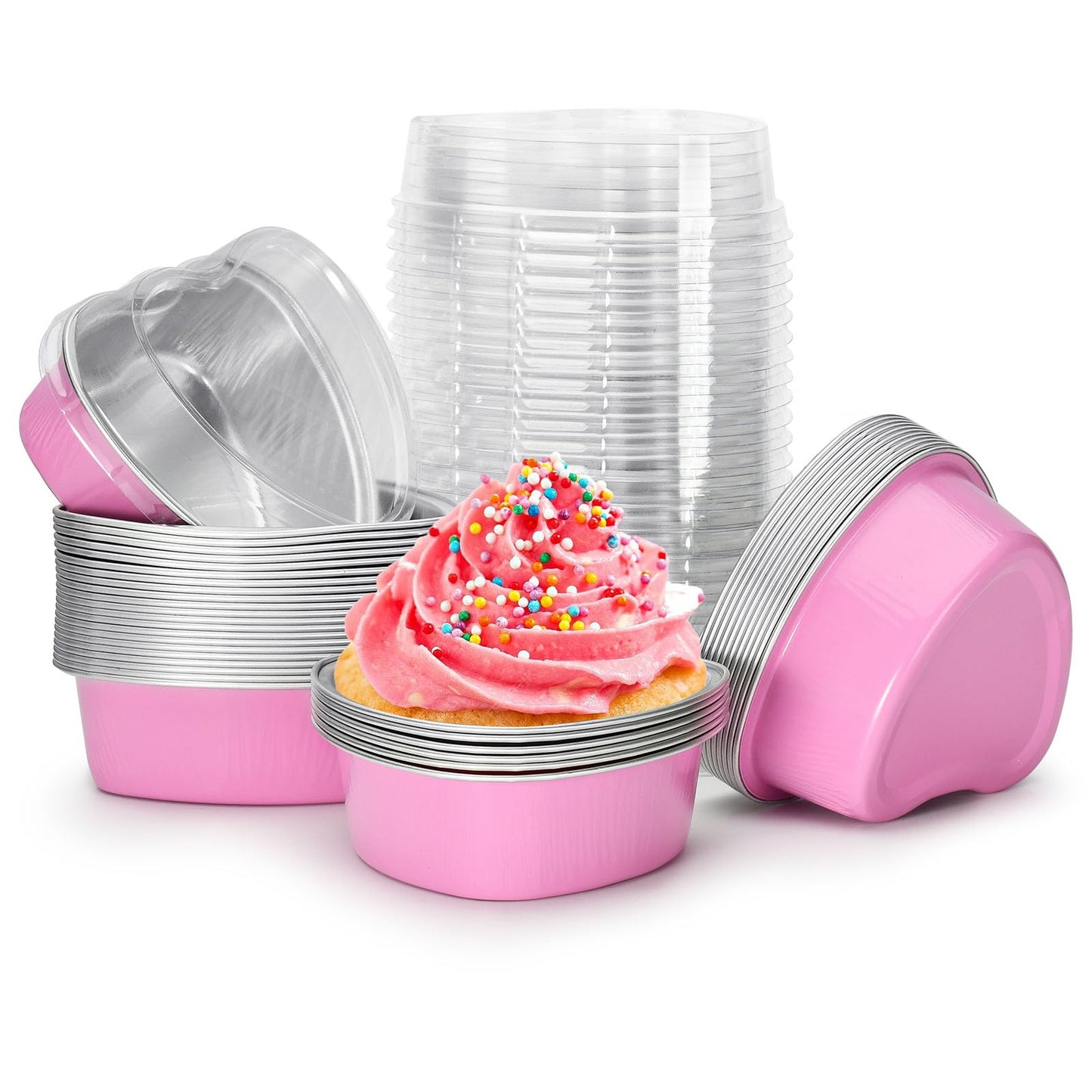 Pink Heart-Shaped Aluminum Foil Baking Cups with Lids –Disposable Cake Molds | HEART FOIL BAKE&SERVE WITH LID