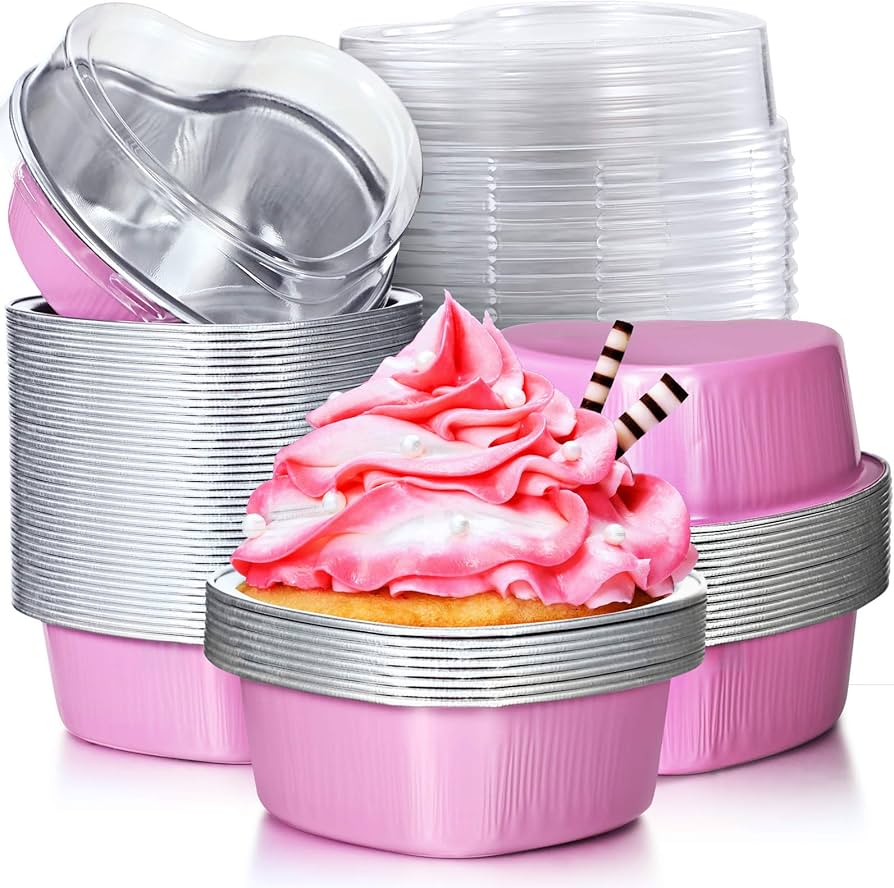 Pink Heart-Shaped Aluminum Foil Baking Cups with Lids –Disposable Cake Molds | HEART FOIL BAKE&SERVE WITH LID
