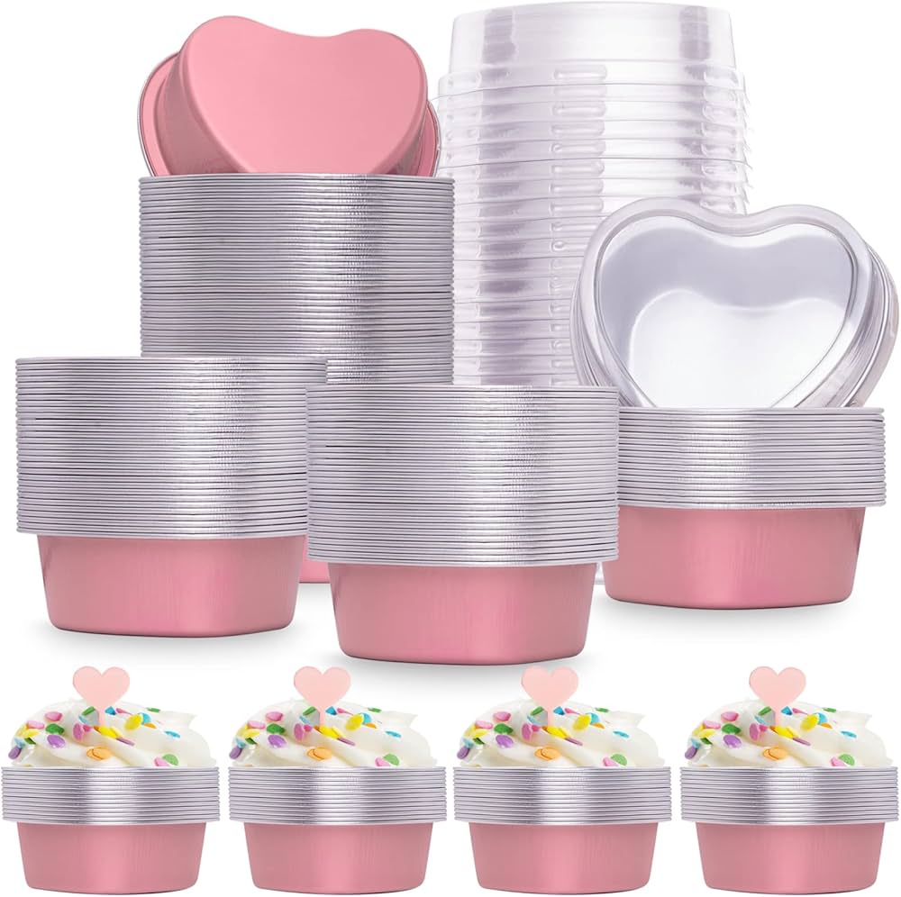 Pink Heart-Shaped Aluminum Foil Baking Cups with Lids –Disposable Cake Molds | HEART FOIL BAKE&SERVE WITH LID