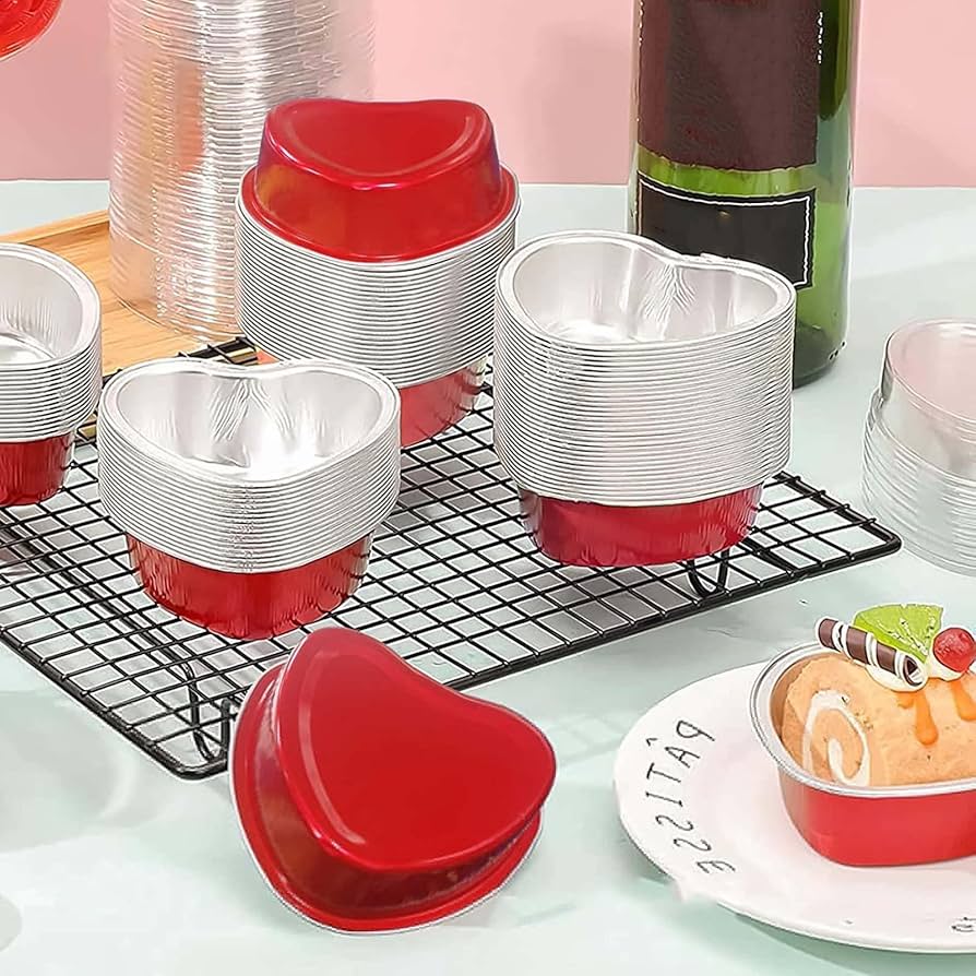 Red Heart-Shaped Aluminum Foil Baking Cups with Lids –Disposable Cake Molds | HEART FOIL BAKE&SERVE WITH LID