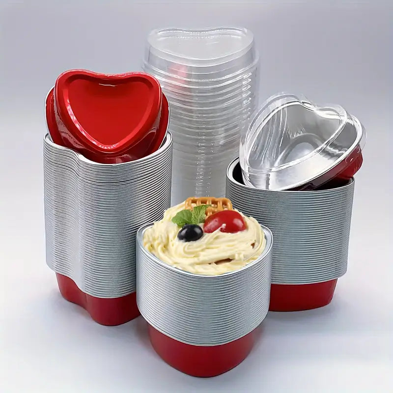 Red Heart-Shaped Aluminum Foil Baking Cups with Lids –Disposable Cake Molds | HEART FOIL BAKE&SERVE WITH LID