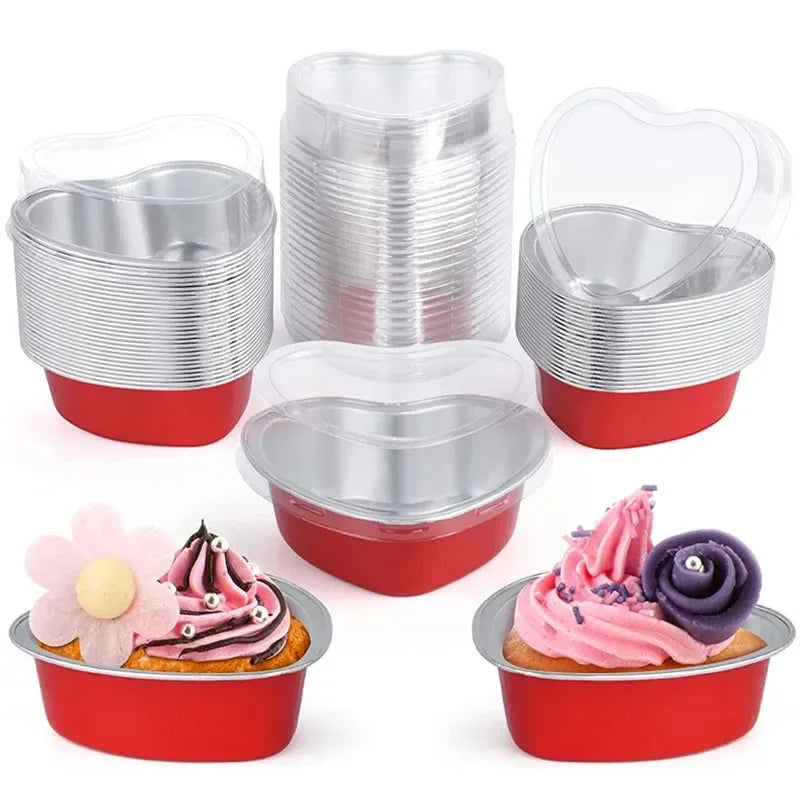 Red Heart-Shaped Aluminum Foil Baking Cups with Lids –Disposable Cake Molds | HEART FOIL BAKE&SERVE WITH LID