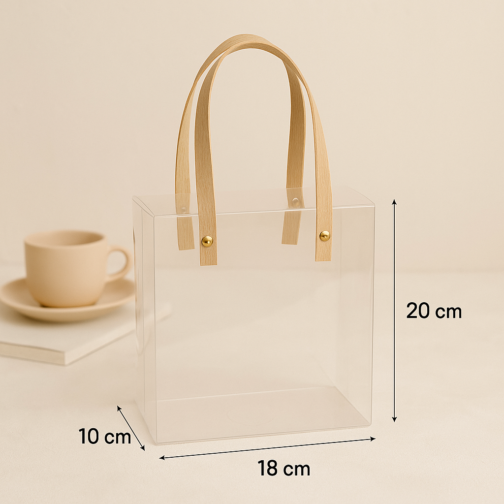Medium Transparent PVC Gift Bag with Kraft Handles | Pvc Hamper Bag 20x18x10 cms