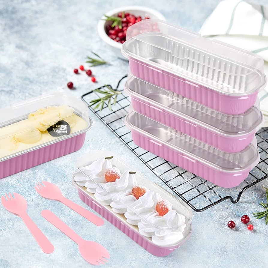 PINK RECTANGLE FOIL BAKE&SERVE WITH LID | Long Cake Slice Containers with Clear Lids | Colorful Disposable Dessert Boxes for Pastries, Cakes, Treats