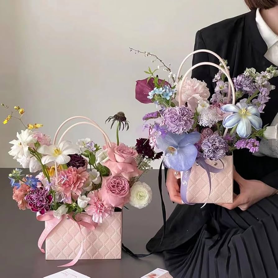 Pink Aesthetic Waterproof Flower Gift Bags | Premium Rectangular Gift Bag with Handle