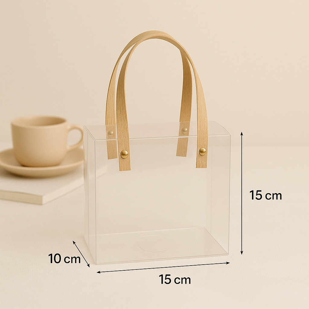Small Transparent PVC Gift Bag with Kraft Handles | Pvc Hamper Bag 15x15x10cms