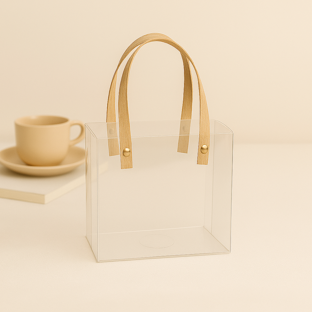 Small Transparent PVC Gift Bag with Kraft Handles | Pvc Hamper Bag 15x15x10cms