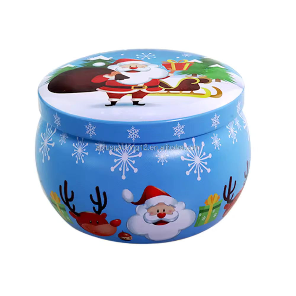 Small Blue Festive Christmas Candle Tin – Limited Edition | Festive Treats Tin – Premium Reusable Jar for Goodies & Hampers.