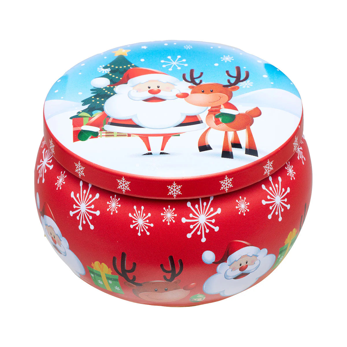 Small Red Festive Christmas Candle Tin – Limited Edition | Festive Treats Tin – Premium Reusable Jar for Goodies & Hampers.