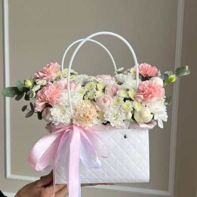 White Aesthetic Waterproof Flower Gift Bags | Premium Rectangular Gift Bag with Handle