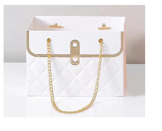 White Luxury Floral Gift Bag with Chain | Decorative Flower Box for Gifting & Events