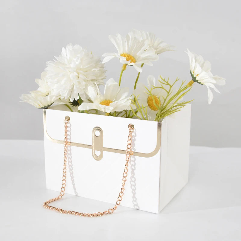 White Luxury Floral Gift Bag with Chain | Decorative Flower Box for Gifting & Events