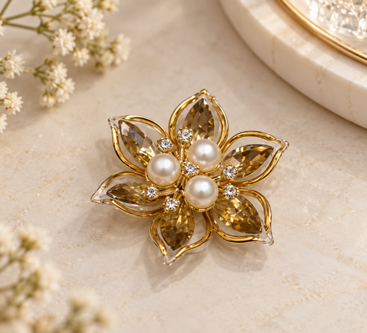 Luxury Golden Crystal & Pearl Floral Brooch | Premium Hamper Decoration