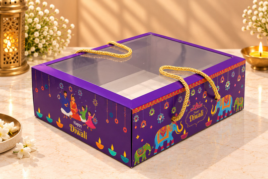 Purple Diwali Print Clear Lid Hamper Box with Rope Handle
