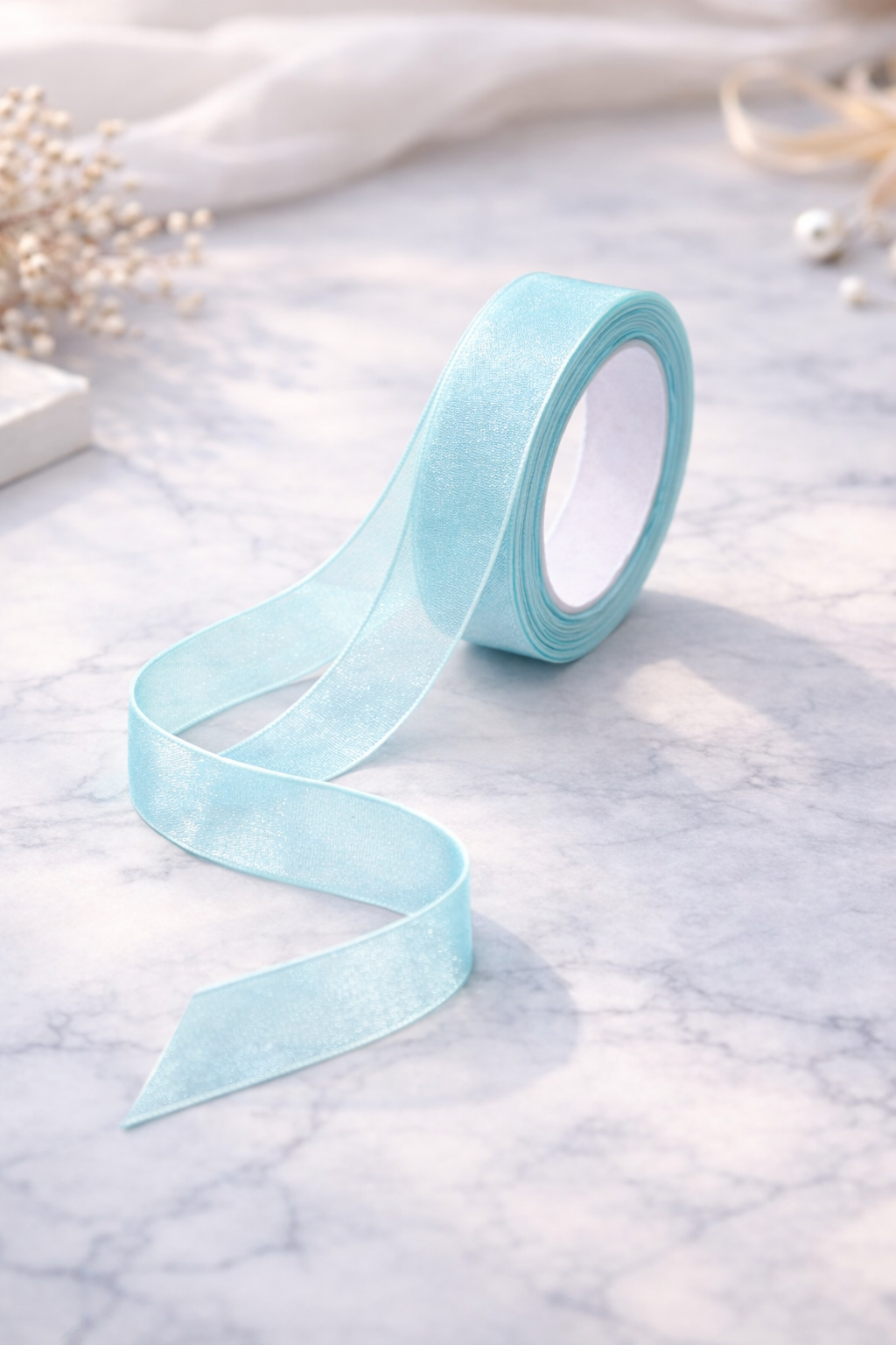 Aqua Blue Premium Organza Ribbon Roll – 15 Meters x 1 Inch Width