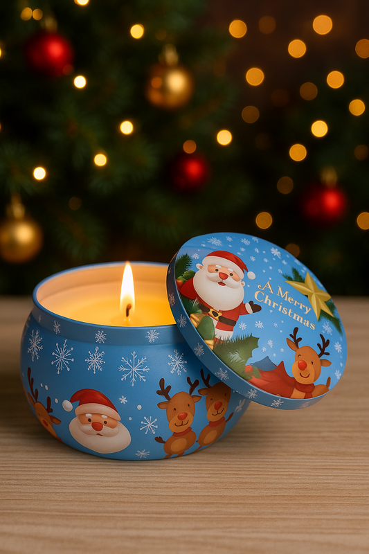 Big Light Blue Festive Christmas Candle Tin – Limited Edition |Festive Treats Tin – Premium Reusable Jar for Goodies & Hampers.