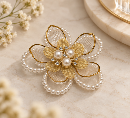 Luxury Pearl & Gold Floral Brooch | Premium Hamper & Gift Decoration