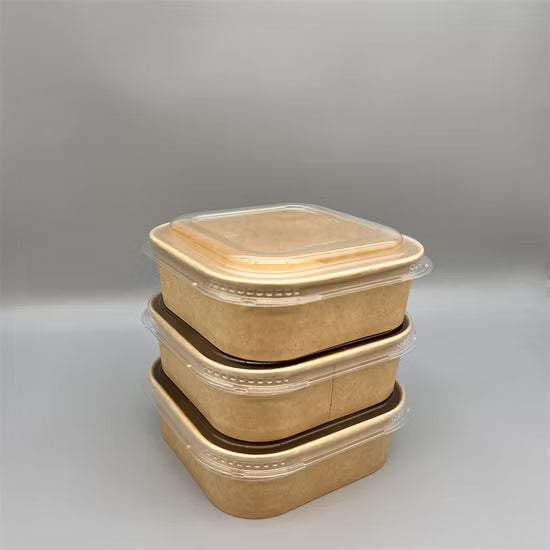 Imported Quality Kraft Square Food Container with Clear Lid – 6.5 x 2 Inch | Salad Bowl |Paper Dessert Boxes with Clear Lids – Eco-Friendly Packaging
