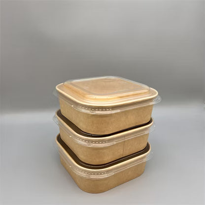 Imported Quality Kraft Square Food Container with Clear Lid – 6.5 x 2 Inch | Salad Bowl |Paper Dessert Boxes with Clear Lids – Eco-Friendly Packaging