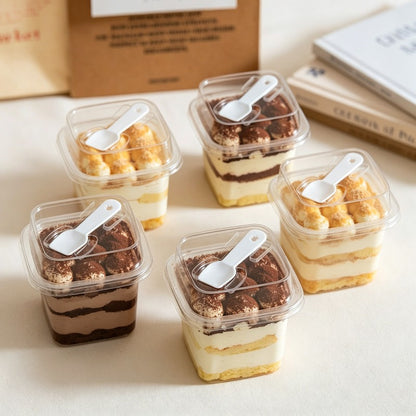 Imported Clear Square Dessert Container with Lid & Spoon | 350ml Premium Dessert Cup