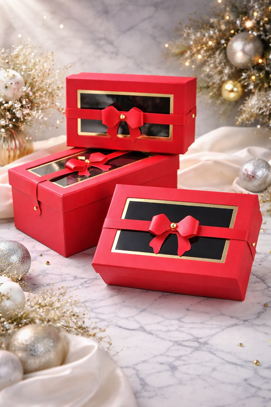 Red Premium Rectangle Window Gift Boxes Set of 3 – Rectangle Dual Lock Strap Closure Hamper Boxes for Gifting & Packaging