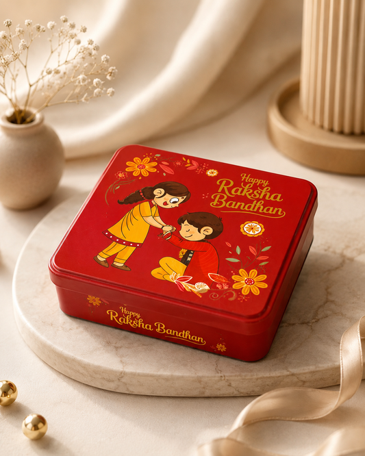 Premium Maroon Raksha Bandhan Gift Tin Box with Lid | Reusable Metal Storage Box | 15 x 15 x 4 cm
