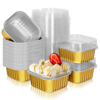 Golden Square Foil Dessert Containers with Lids (325ml) – Bake & Serve Cups (With Transparent Dome Lids)