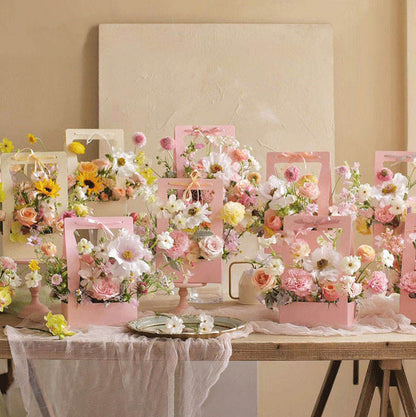Light Pink Premium Flower Carrier Box with Handle | Leakproof Bouquet & Hamper Packaging