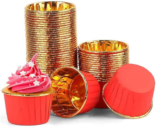 Premium Red & Gold Foil Dessert Cups – Heat-Resistant Baking Molds | Luxury Metallic Cupcake & Dessert Cups