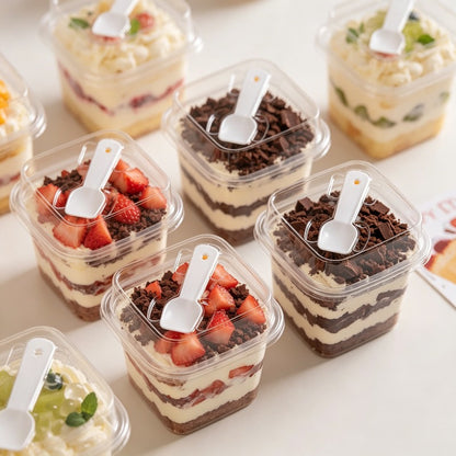 Imported Clear Square Dessert Container with Lid & Spoon | 350ml Premium Dessert Cup