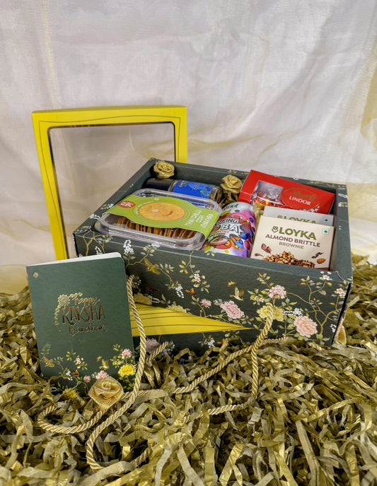 Luxury Floral Festive Gift Box with Handle – Transparent Lid | Rakhi Hamper Box (GREEN)