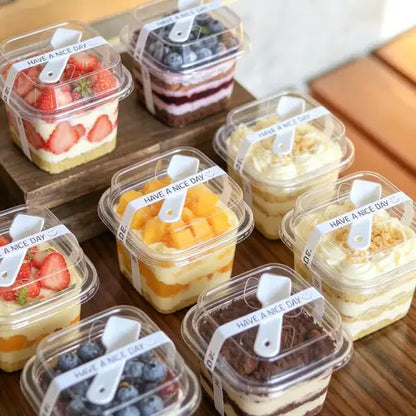 Imported Clear Square Dessert Container with Lid & Spoon | 350ml Premium Dessert Cup
