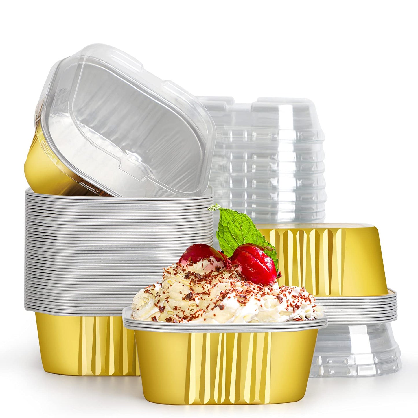 Golden Square Foil Dessert Containers with Lids (325ml) – Bake & Serve Cups (With Transparent Dome Lids)