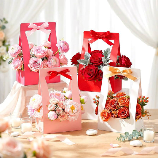 Light Pink Premium Flower Carrier Box with Handle | Leakproof Bouquet & Hamper Packaging