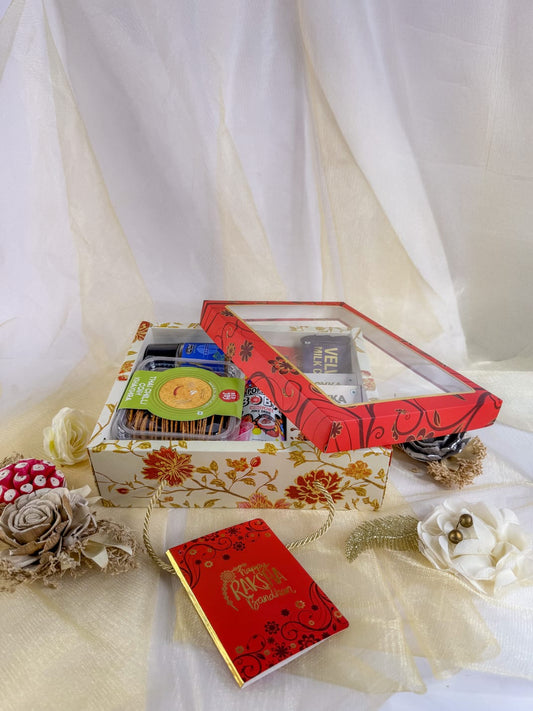 Luxury Floral Festive Gift Box with Handle – Transparent Lid | Rakhi Hamper Box (RED)