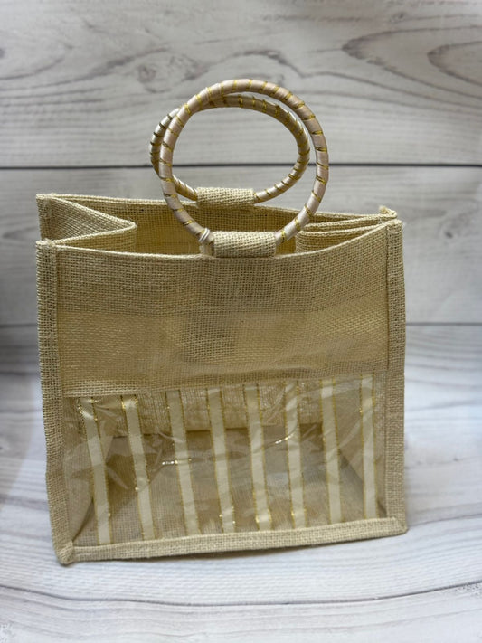 Eco-Friendly Jute Gift Bag with Transparent Window | Reusable Hamper & Packaging Tote Ivory