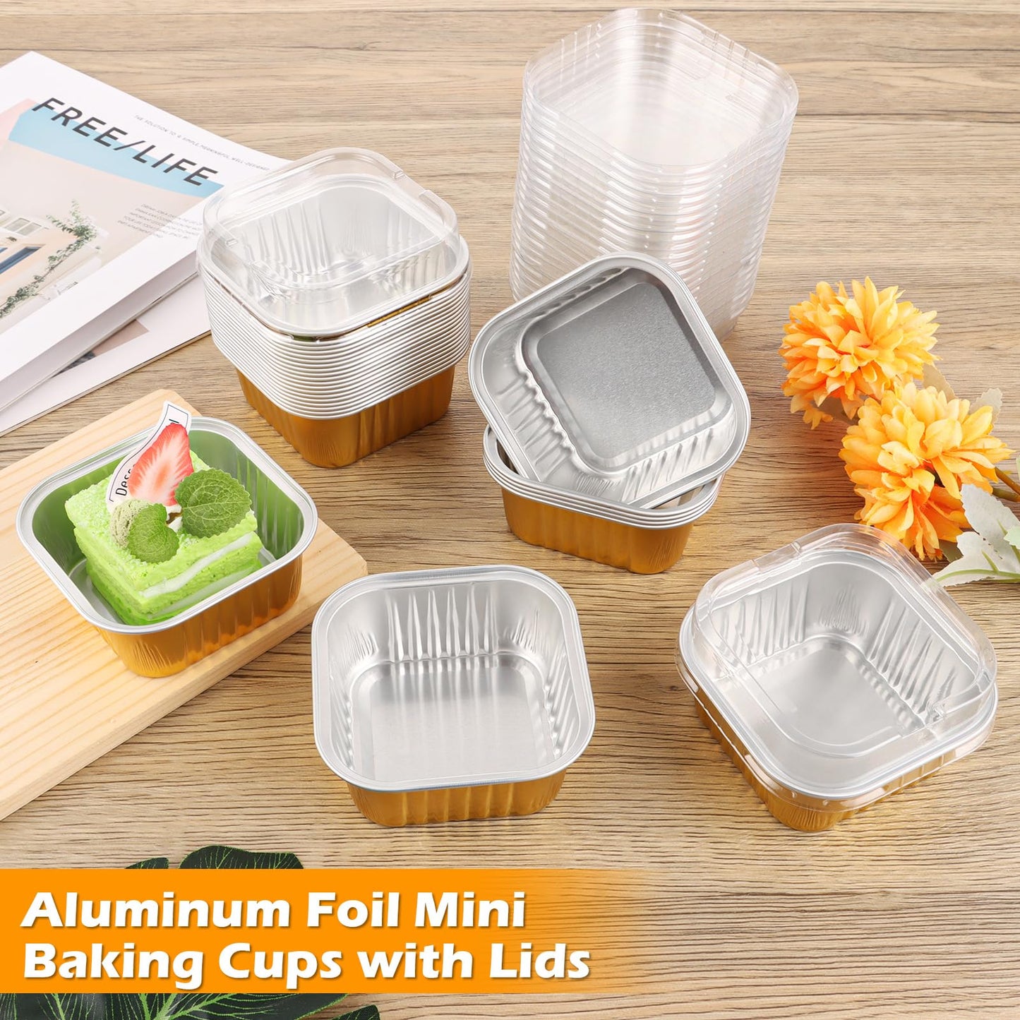 Golden Square Foil Dessert Containers with Lids (325ml) – Bake & Serve Cups (With Transparent Dome Lids)