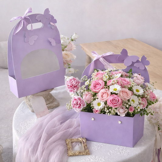 Purple Premium Butterfly Cutout Flower Carrier Box | Leakproof Bouquet & Gift Packaging