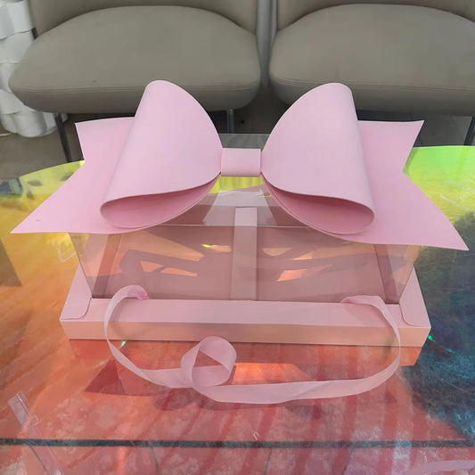Luxury Pink Gift Box with Large Bow & Clear Lid | Pink Hamper Box With Bow
