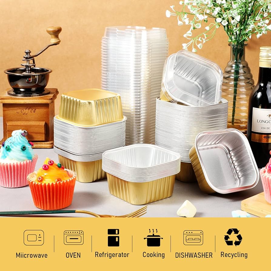 Golden Square Foil Dessert Containers with Lids (325ml) – Bake & Serve Cups (With Transparent Dome Lids)