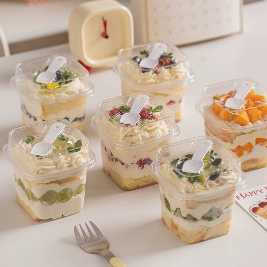 Imported Clear Square Dessert Container with Lid & Spoon | 350ml Premium Dessert Cup