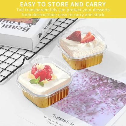 Golden Square Foil Dessert Containers with Lids (325ml) – Bake & Serve Cups (With Transparent Dome Lids)