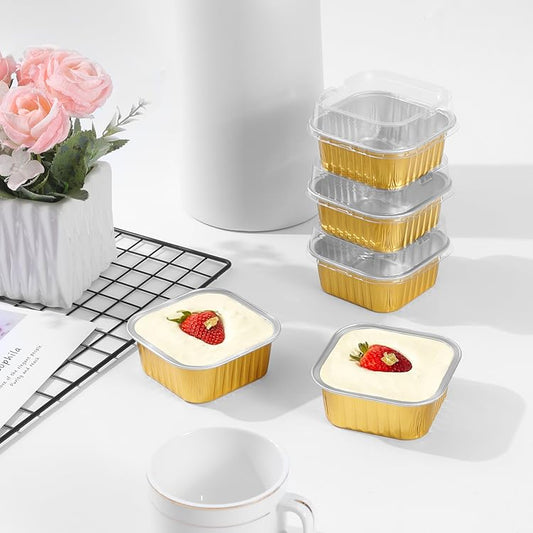 Golden Square Foil Dessert Containers with Lids (325ml) – Bake & Serve Cups (With Transparent Dome Lids)