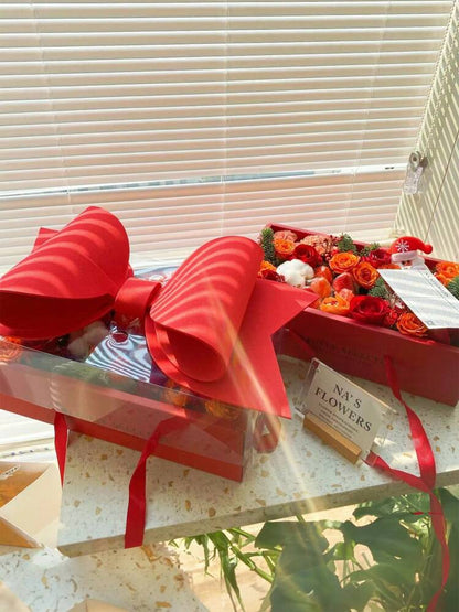 Small Red Luxury Transparent Gift Hamper Box with Bow & Ribbon Handle | Rectangle Red Bow Box 30 × 21 × 10 cm