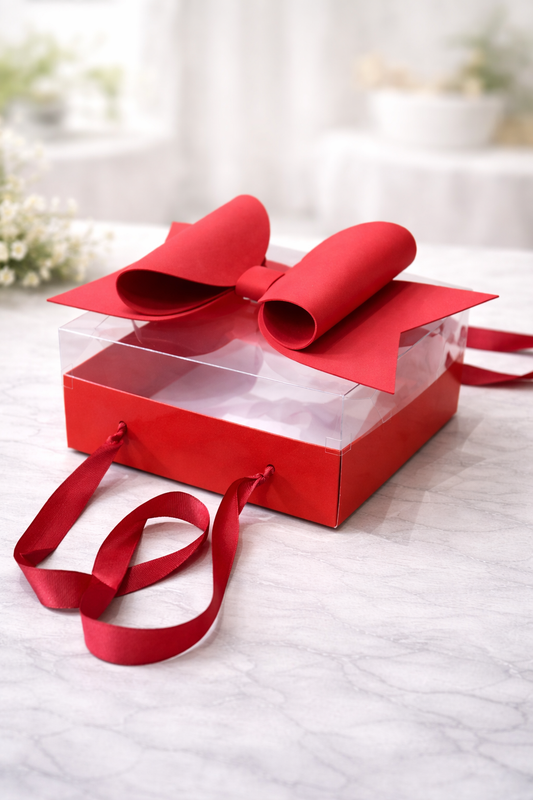 Luxury Red Transparent Gift Hamper Box with Bow & Ribbon Handle | Sqaure Red Bow Box 21 × 21 × 10 cms