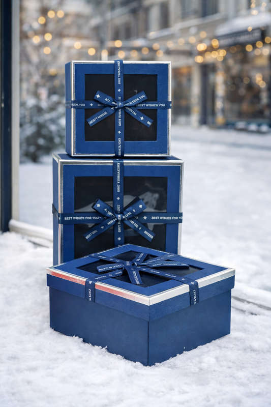 Dark Blue Luxury Square Window Gift Boxes Set of 3 – Square Ribbon Hamper Boxes for Gifting & Packaging