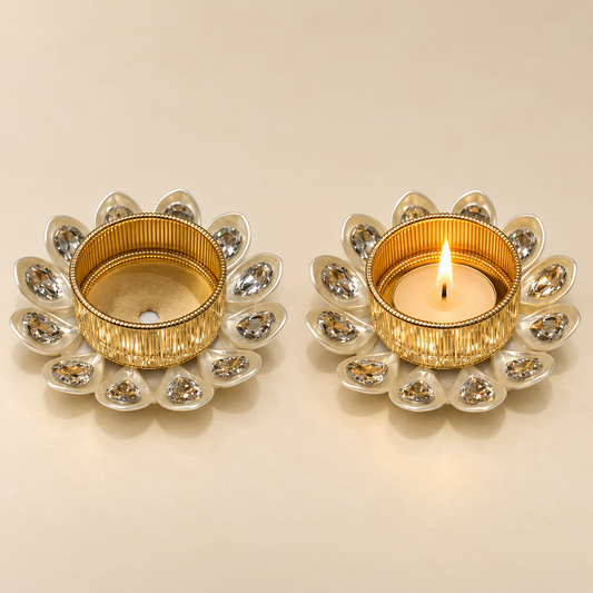 Premium White Crystal Lotus T-Light / Diya Holder – Gold Finish