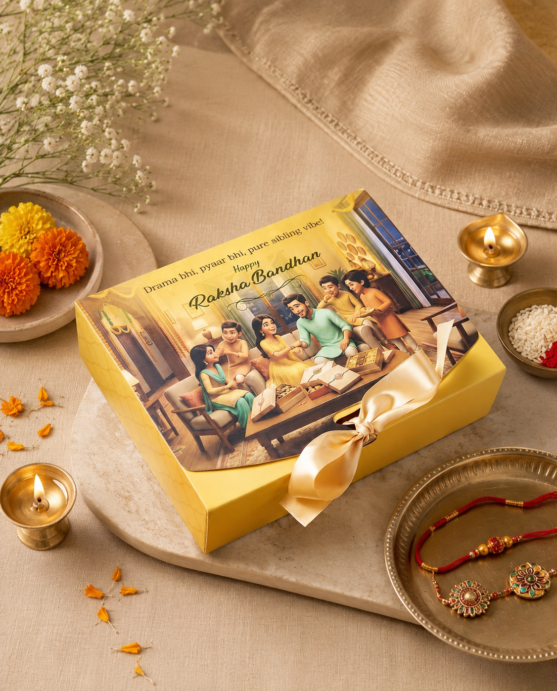 Yellow Raksha Bandhan 12 Cavity Sweet & Dry Fruit Box with Satin Ribbon | Premium Hamper Gift Box