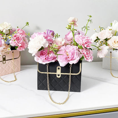 Black Luxury Floral Gift Bag with Chain | Decorative Flower Box for Gifting & Events