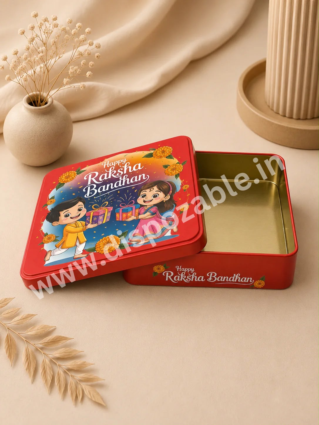 Premium Red Raksha Bandhan Gift Tin Box with Lid | Reusable Metal Storage Box | 15 x 15 x 4 cm